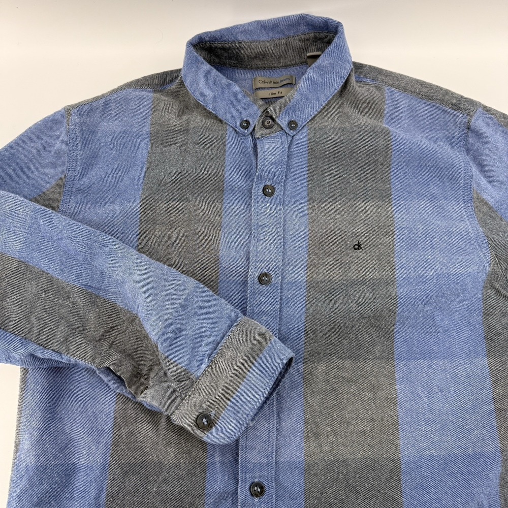Calvin Klein Slim Fit Light Flannel Shirt Mens M Blue Gray Plaid Long‎ Sleeve